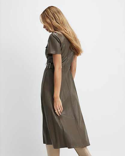 Khaki Faux Leather Midi Shirt Dress