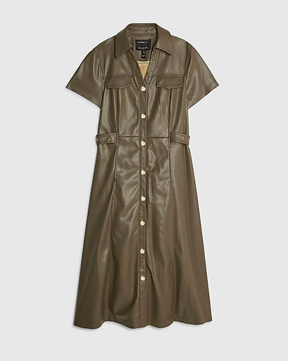 Khaki Faux Leather Midi Shirt Dress
