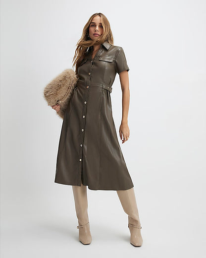 Khaki Faux Leather Midi Shirt Dress