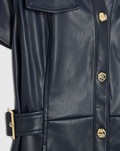 Navy Faux Leather Midi Shirt Dress