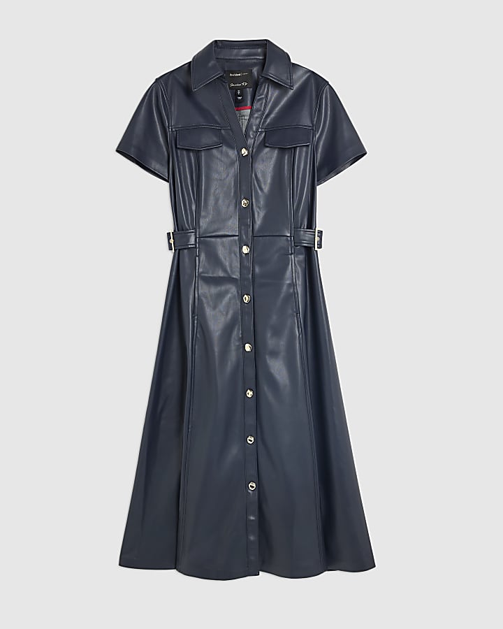 Navy Faux Leather Midi Shirt Dress