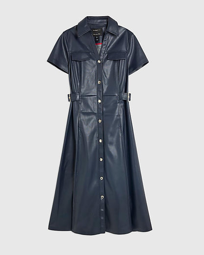 Navy Faux Leather Midi Shirt Dress