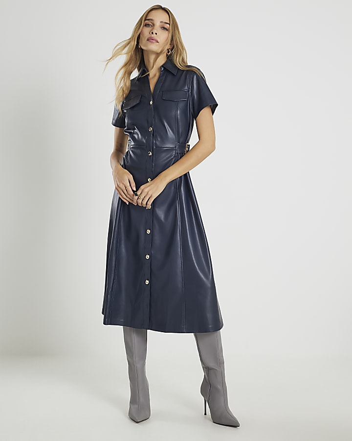 Navy Faux Leather Midi Shirt Dress