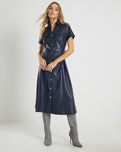 Navy Faux Leather Midi Shirt Dress