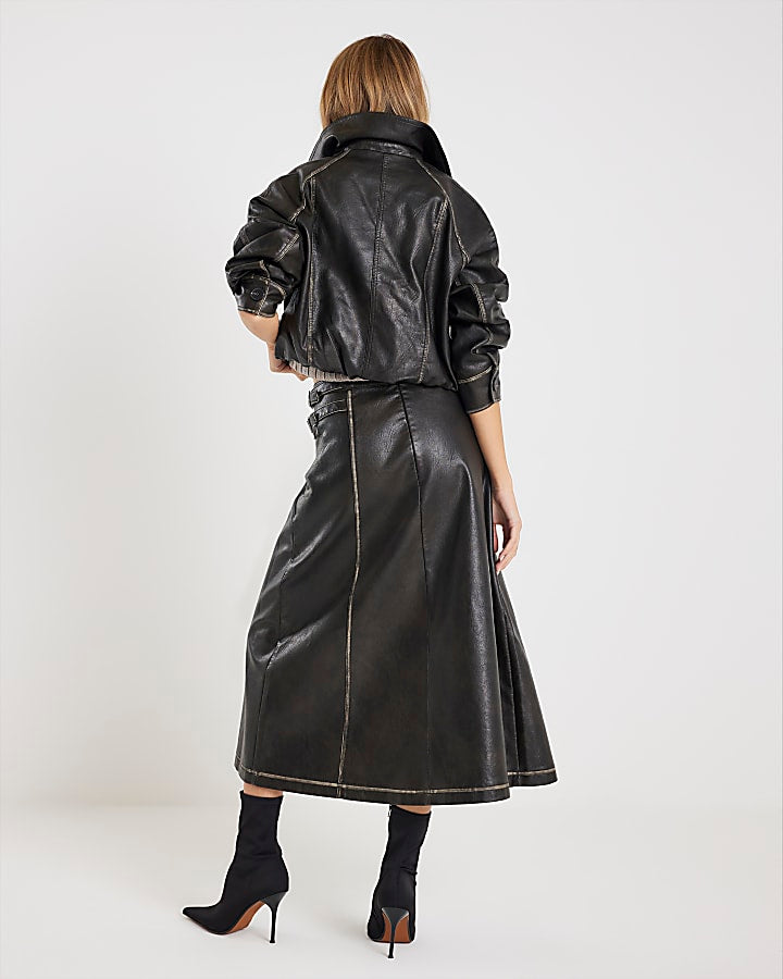 Black Faux Leather Distressed Wrap Midi Skirt