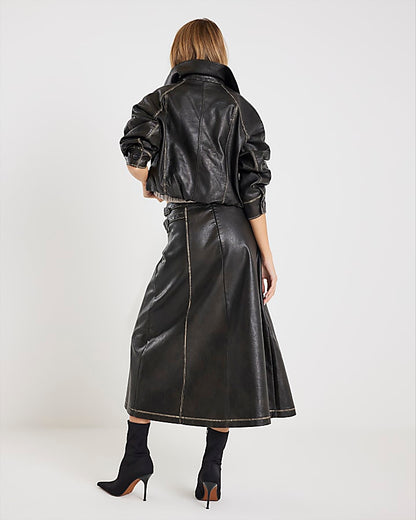 Black Faux Leather Distressed Wrap Midi Skirt