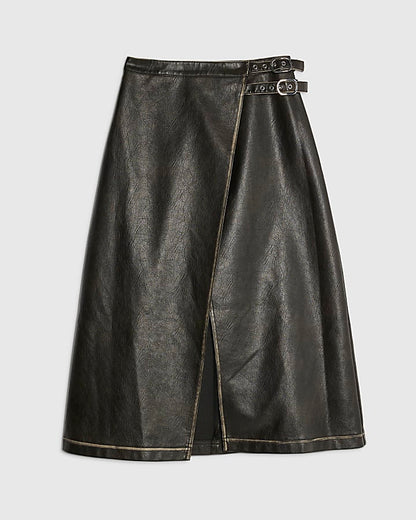 Black Faux Leather Distressed Wrap Midi Skirt