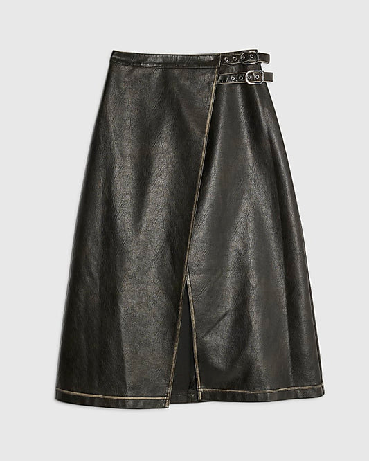 Black Faux Leather Distressed Wrap Midi Skirt