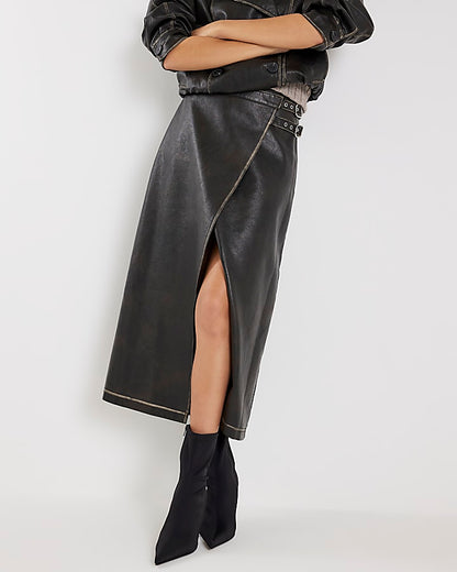 Black Faux Leather Distressed Wrap Midi Skirt