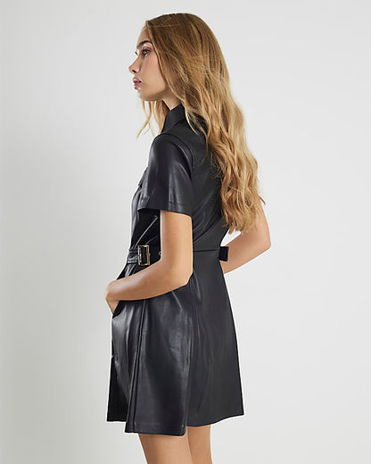 Black Faux Leather Buckle Waist Mini Dress