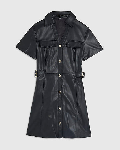 Black Faux Leather Buckle Waist Mini Dress