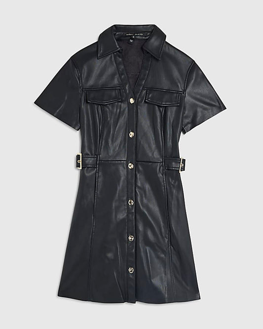 Black Faux Leather Buckle Waist Mini Dress