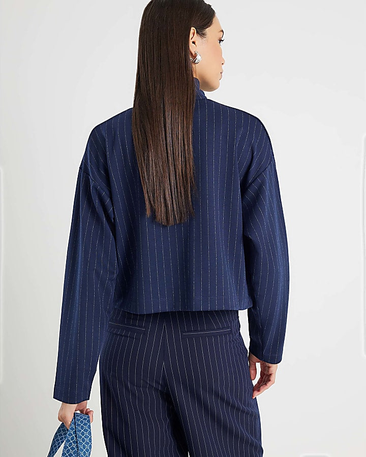 Navy Long Sleeve Pinstripe Zip Through Jacket