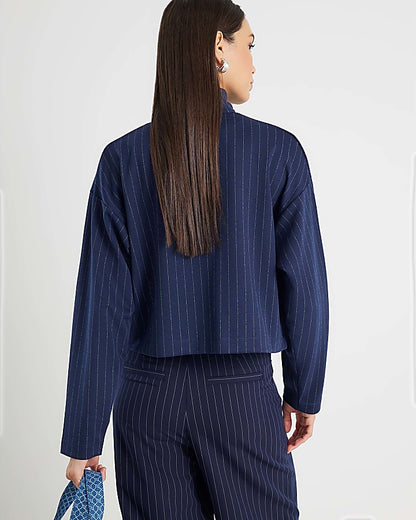 Navy Long Sleeve Pinstripe Zip Through Jacket