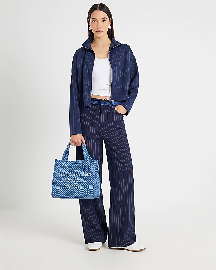 Navy Long Sleeve Pinstripe Zip Through Jacket