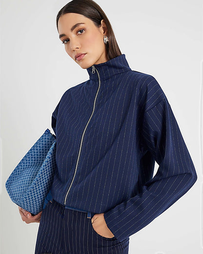 Navy Long Sleeve Pinstripe Zip Through Jacket
