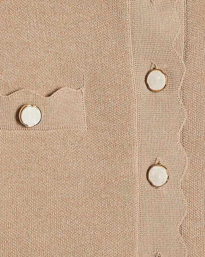 Brown Knit Fitted Scallop Trim Cardigan