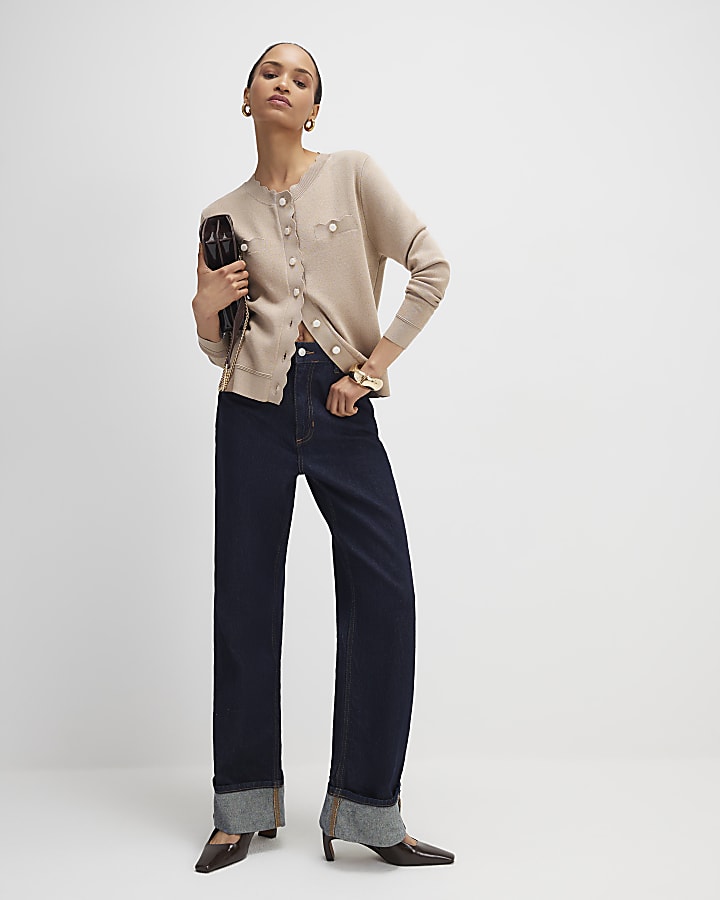 Brown Knit Fitted Scallop Trim Cardigan