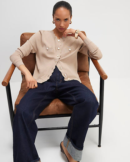 Brown Knit Fitted Scallop Trim Cardigan