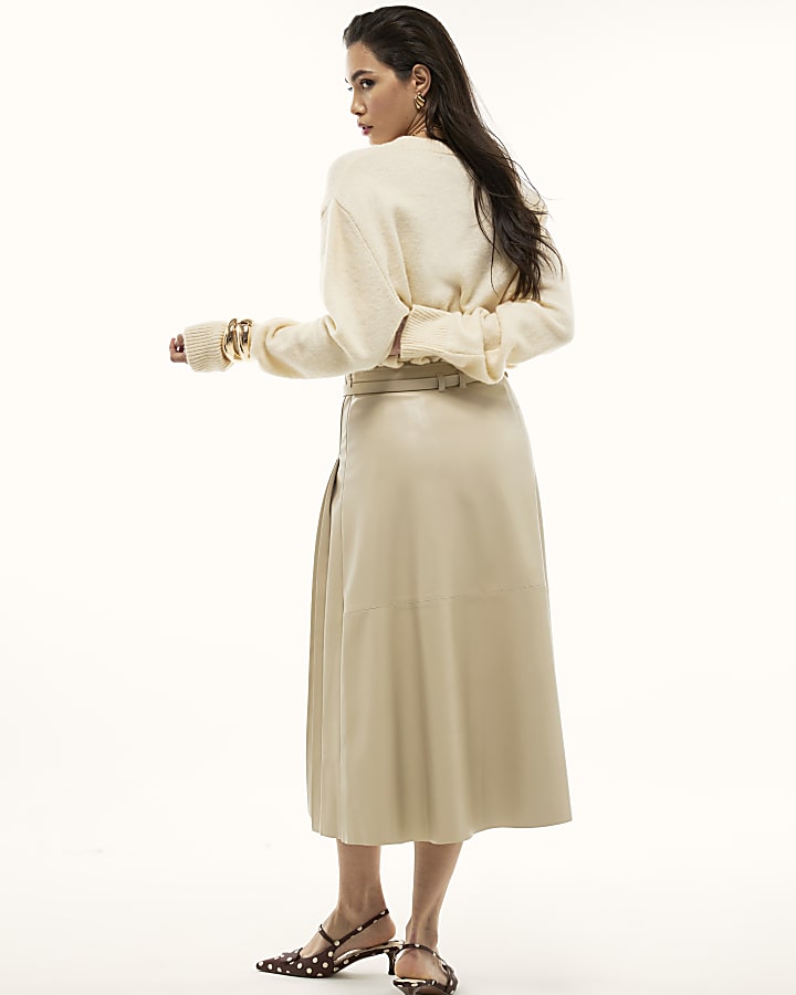 Cream Faux Leather Belted Pleated Midi Skirt