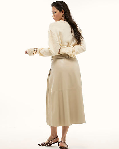 Cream Faux Leather Belted Pleated Midi Skirt