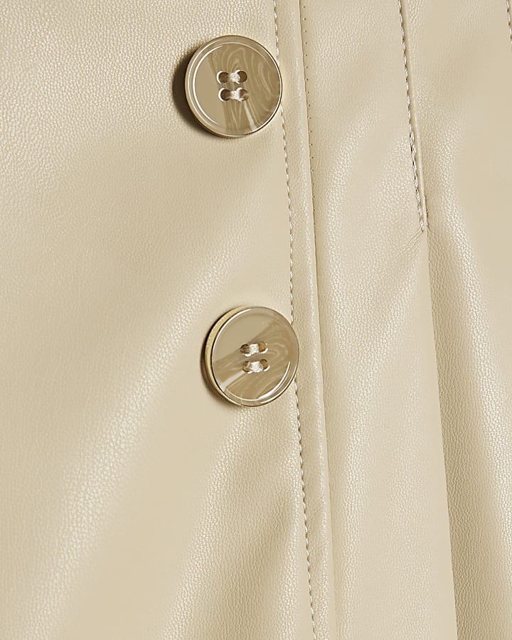 Cream Faux Leather Belted Pleated Midi Skirt