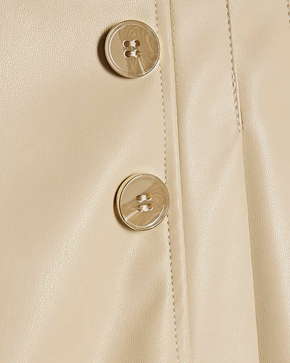 Cream Faux Leather Belted Pleated Midi Skirt