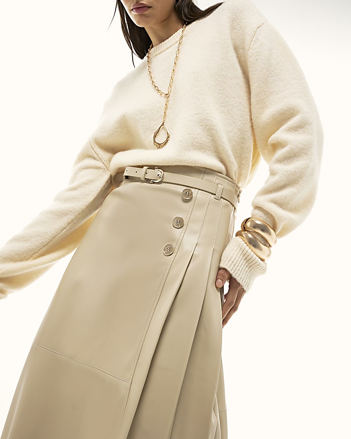Cream Faux Leather Belted Pleated Midi Skirt
