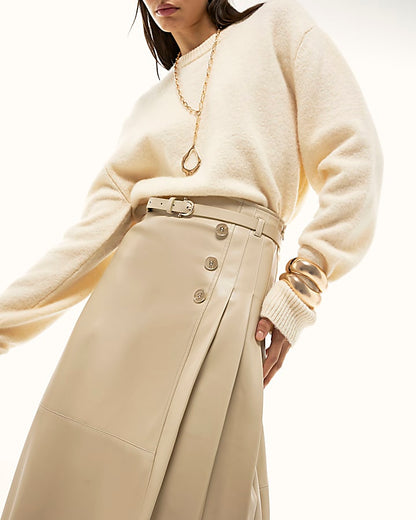 Cream Faux Leather Belted Pleated Midi Skirt