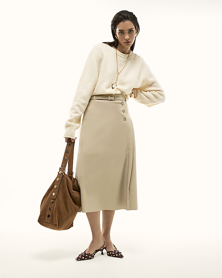Cream Faux Leather Belted Pleated Midi Skirt