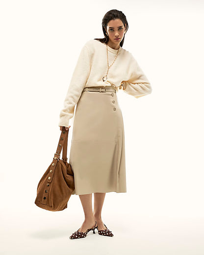 Cream Faux Leather Belted Pleated Midi Skirt