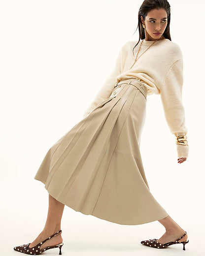 Cream Faux Leather Belted Pleated Midi Skirt