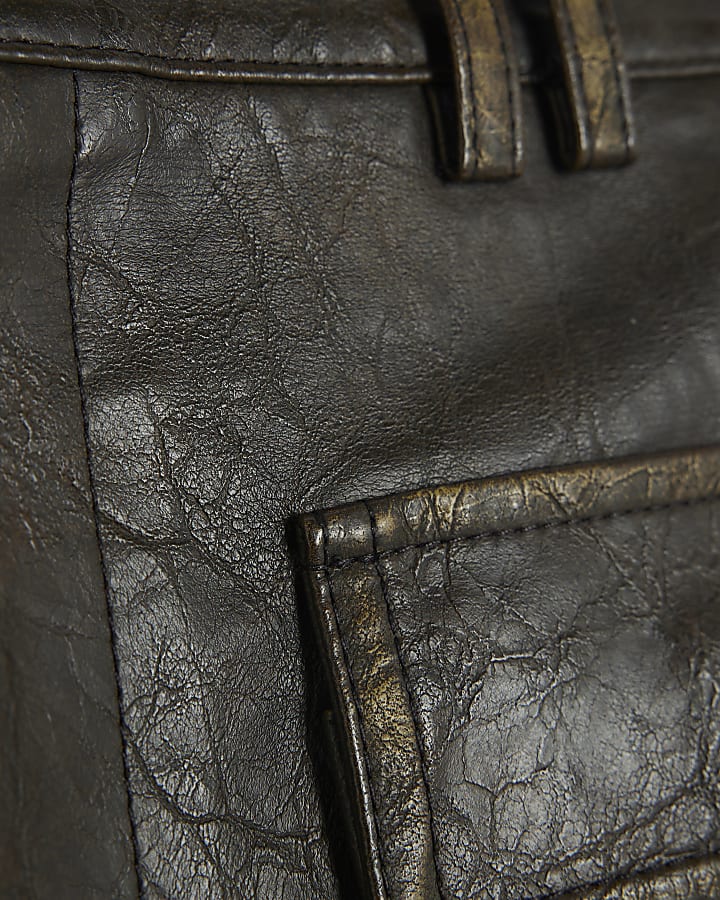 Brown Faux Leather Distressed Utility Shorts