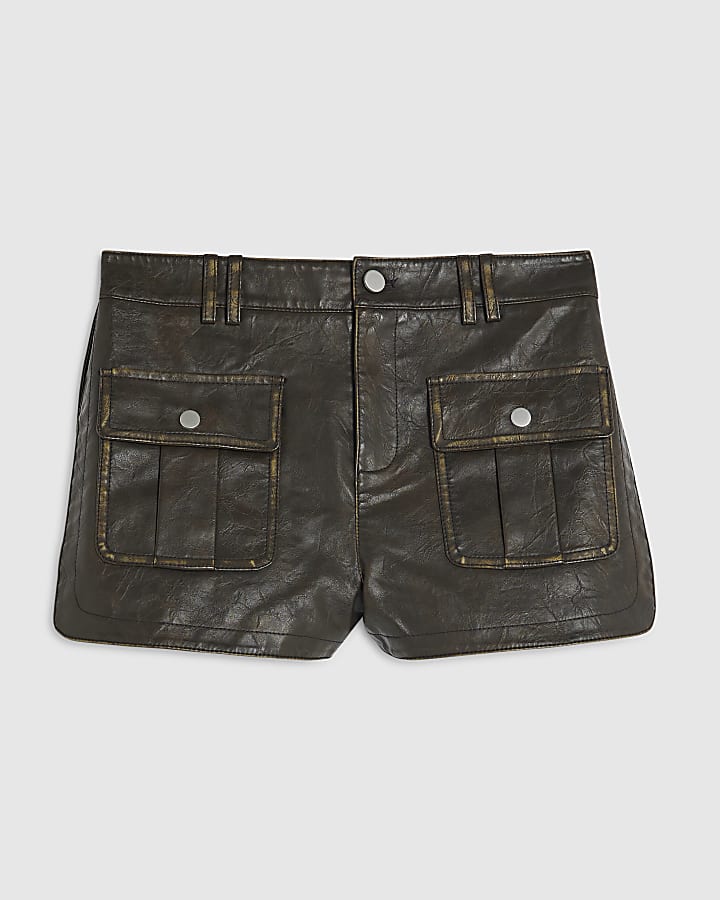Brown Faux Leather Distressed Utility Shorts