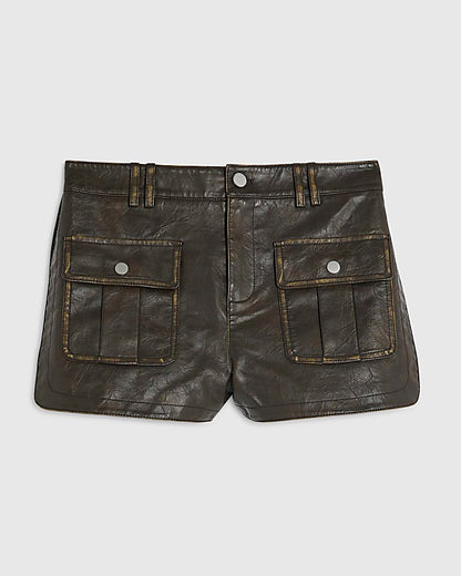 Brown Faux Leather Distressed Utility Shorts