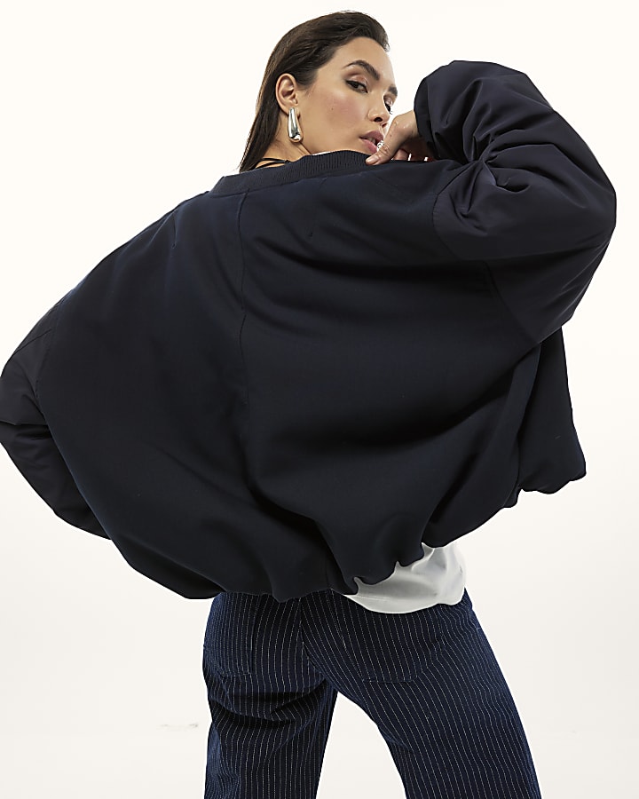 Navy Oversized Hybrid Bomber Jacket | River Island