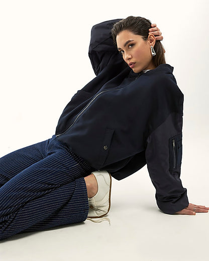 Navy Oversized Hybrid Bomber Jacket | River Island