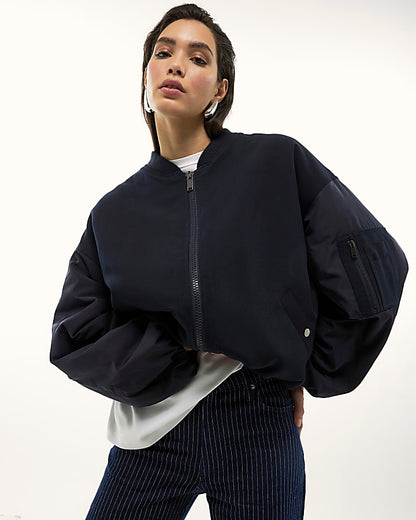 Navy Oversized Hybrid Bomber Jacket | River Island