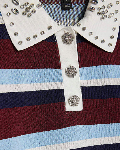 Red Striped Diamante Trim Polo Top
