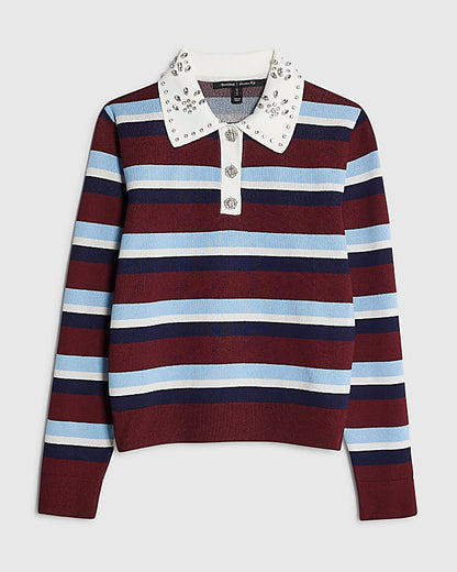 Red Striped Diamante Trim Polo Top