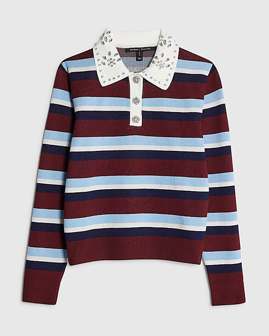 Red Striped Diamante Trim Polo Top