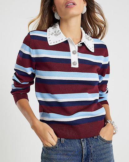 Red Striped Diamante Trim Polo Top