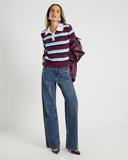 Red Striped Diamante Trim Polo Top