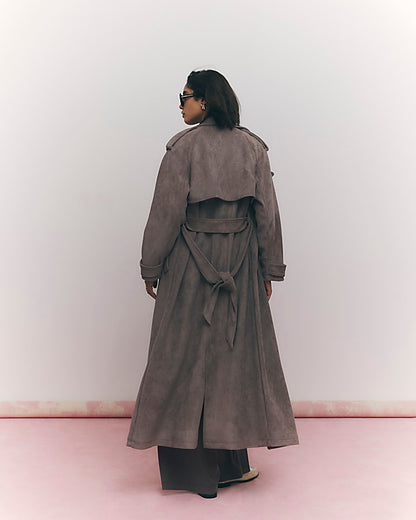 Brown Faux Suede Belted Trench Coat