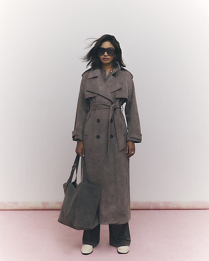 Brown Faux Suede Belted Trench Coat