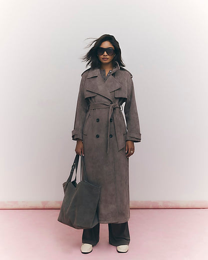 Brown Faux Suede Belted Trench Coat