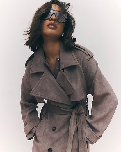 Brown Faux Suede Belted Trench Coat