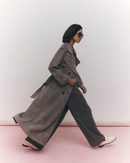 Brown Faux Suede Belted Trench Coat