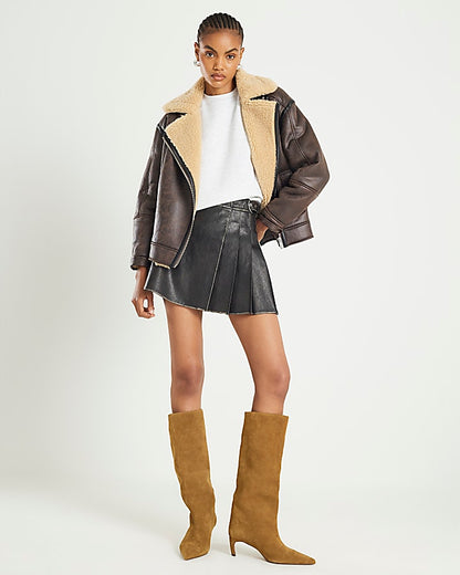 Black Faux Leather Pleated Mini Skirt