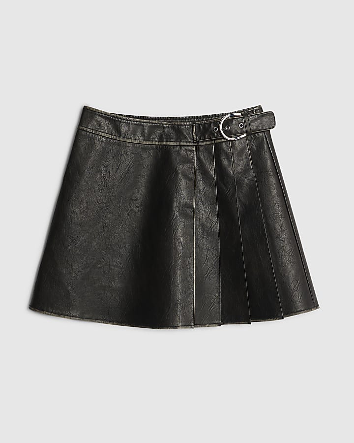 Black Faux Leather Pleated Mini Skirt
